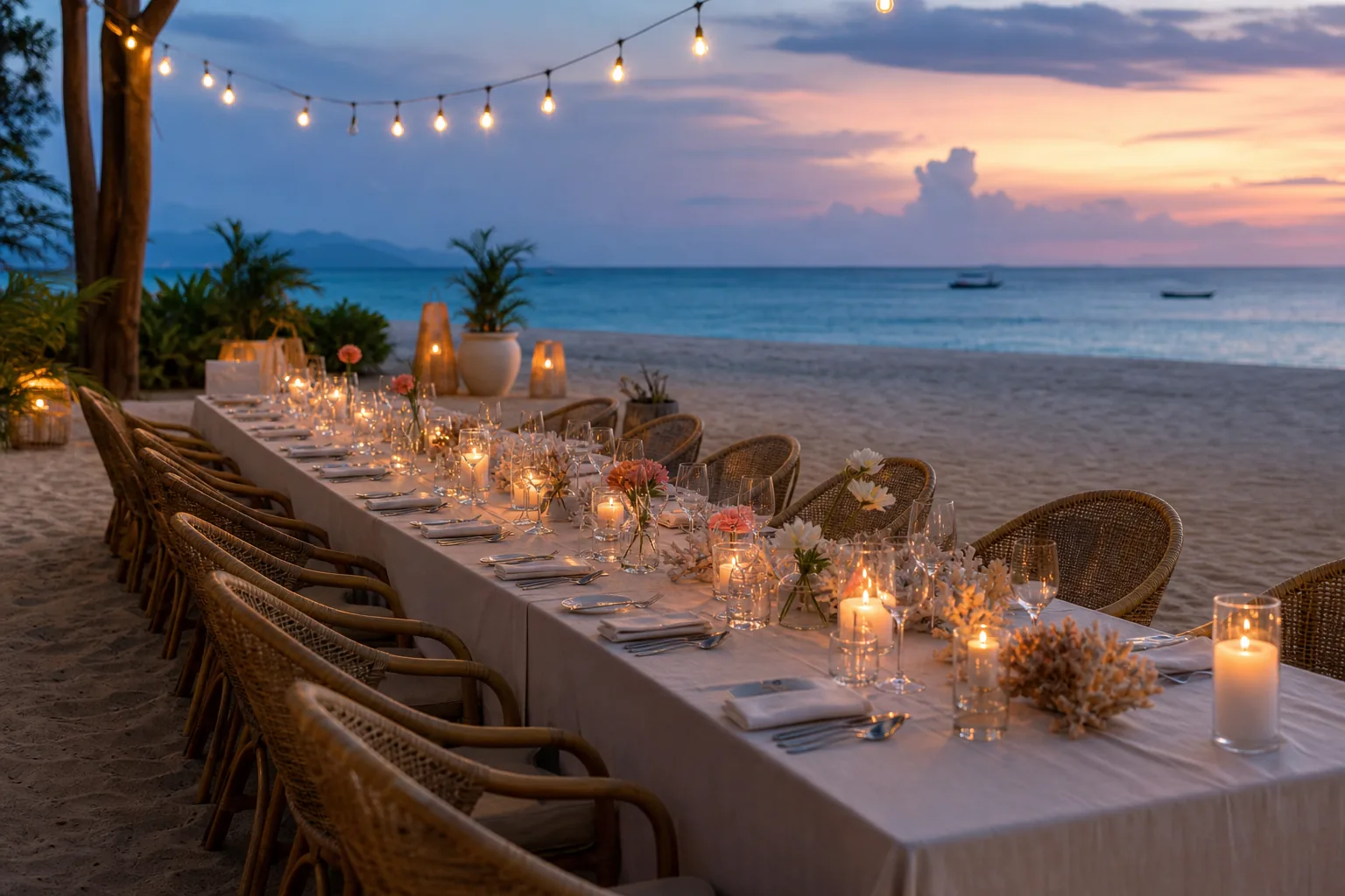 Outdoor island dinner under a calm evening sky