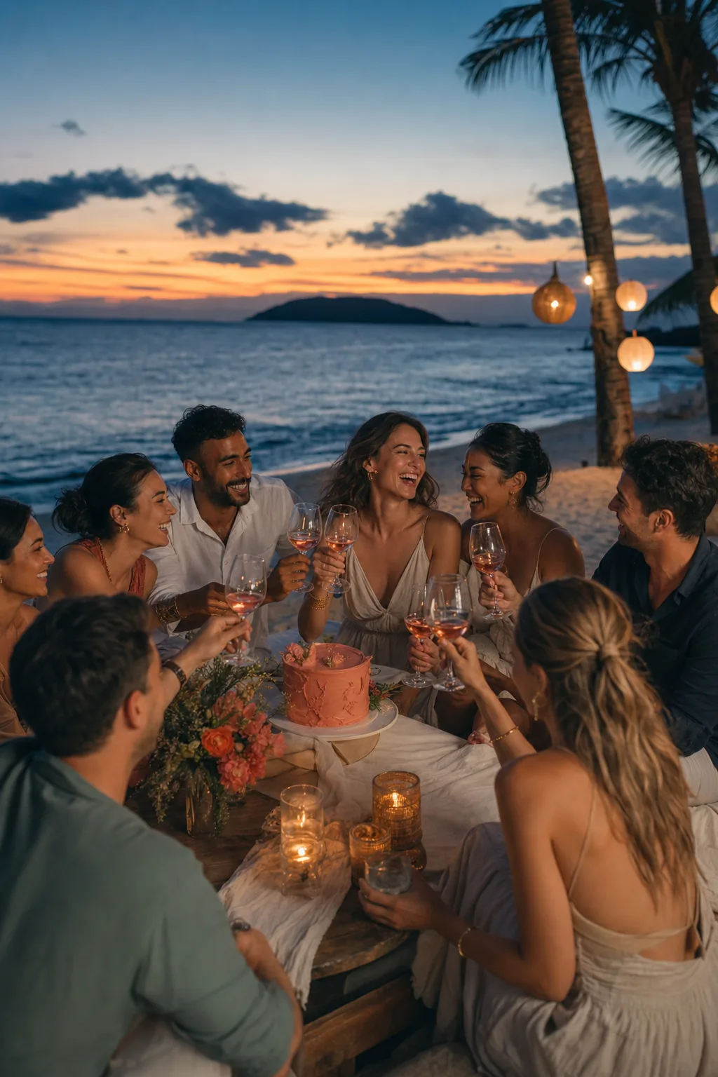 Friends celebrating a birthday at a tropical island venue