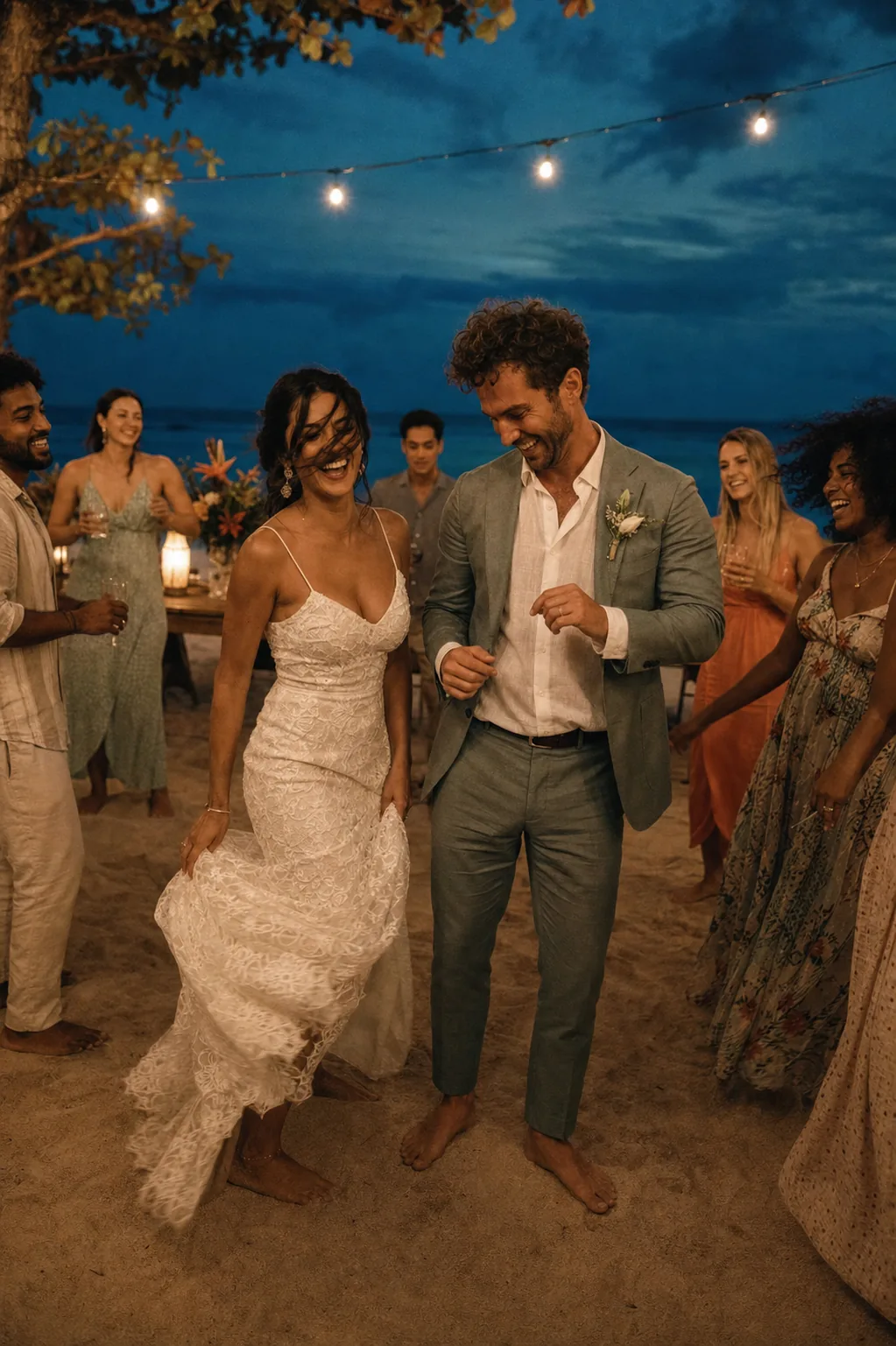 Newlyweds dancing with friends at a lively Gili Trawangan beach wedding