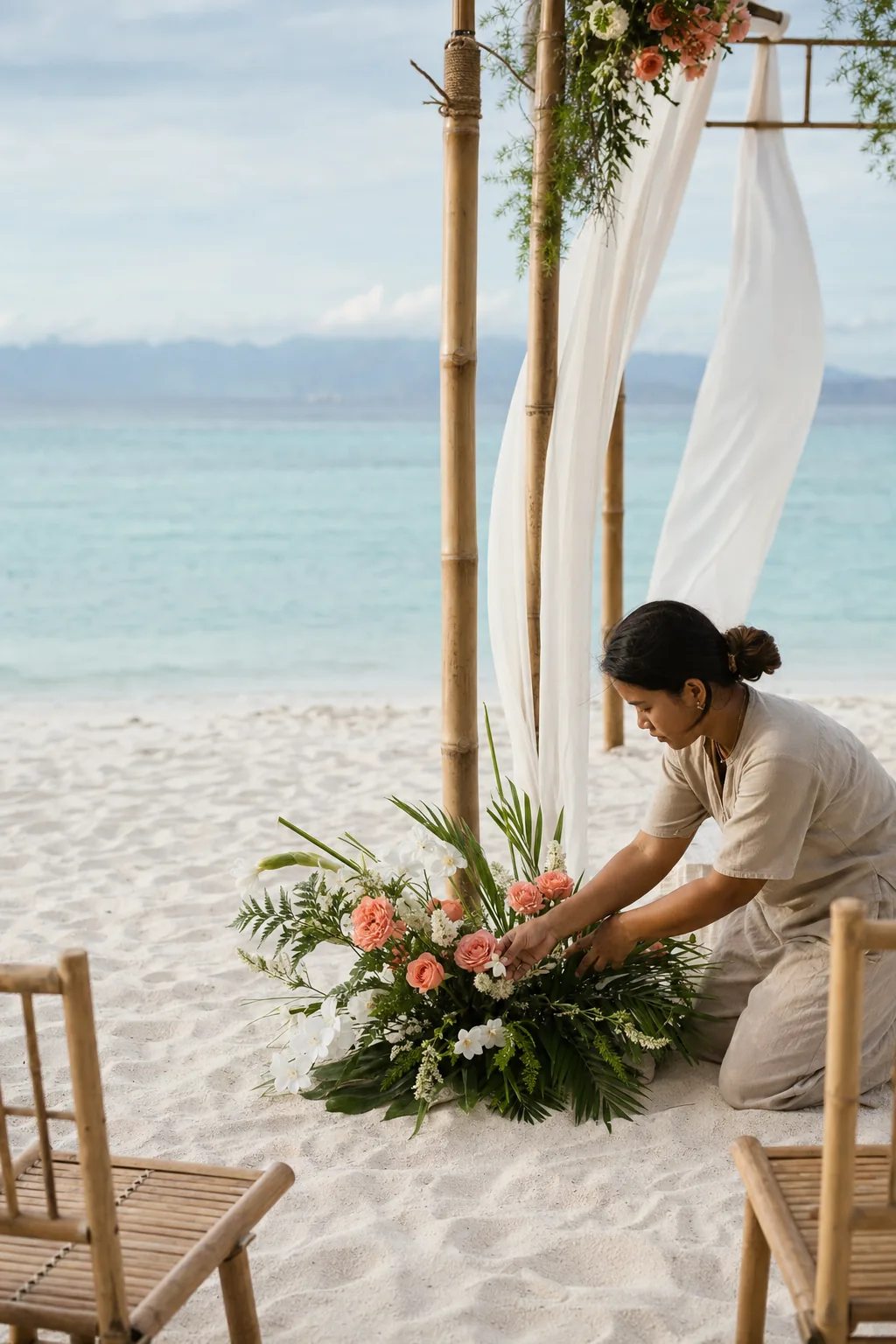 Local event stylist arranging tropical flowers for a Gili Islands beach ceremony