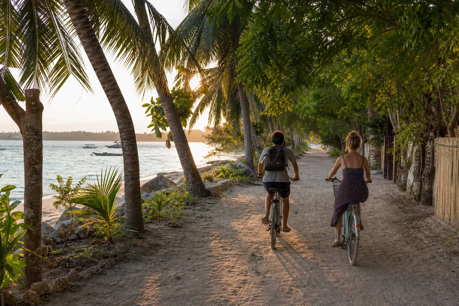 Travellers cycling beside the sea on car-free Gili Trawangan at sunrise
