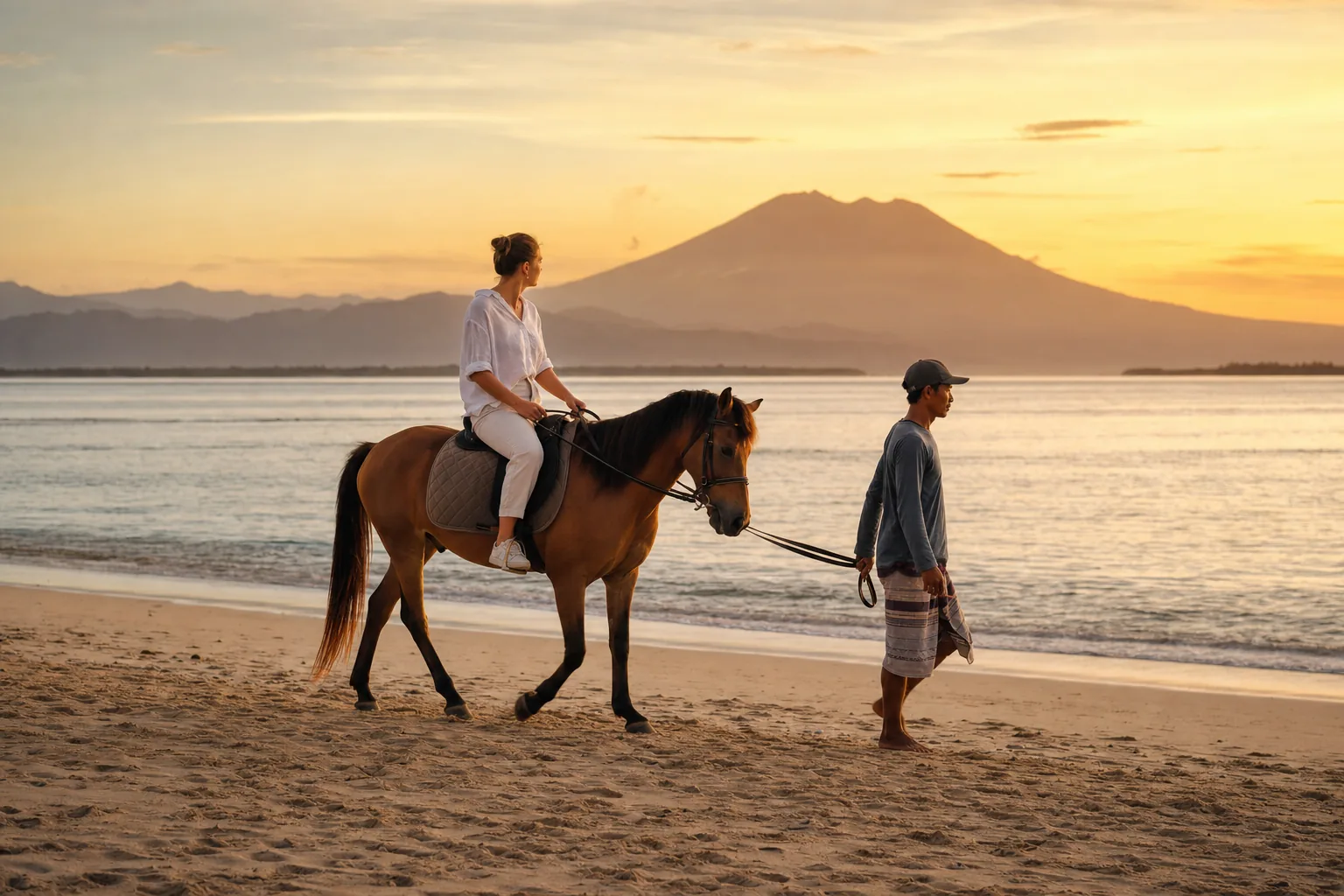 Ethical guided horse ride on a Gili Trawangan beach at sunset