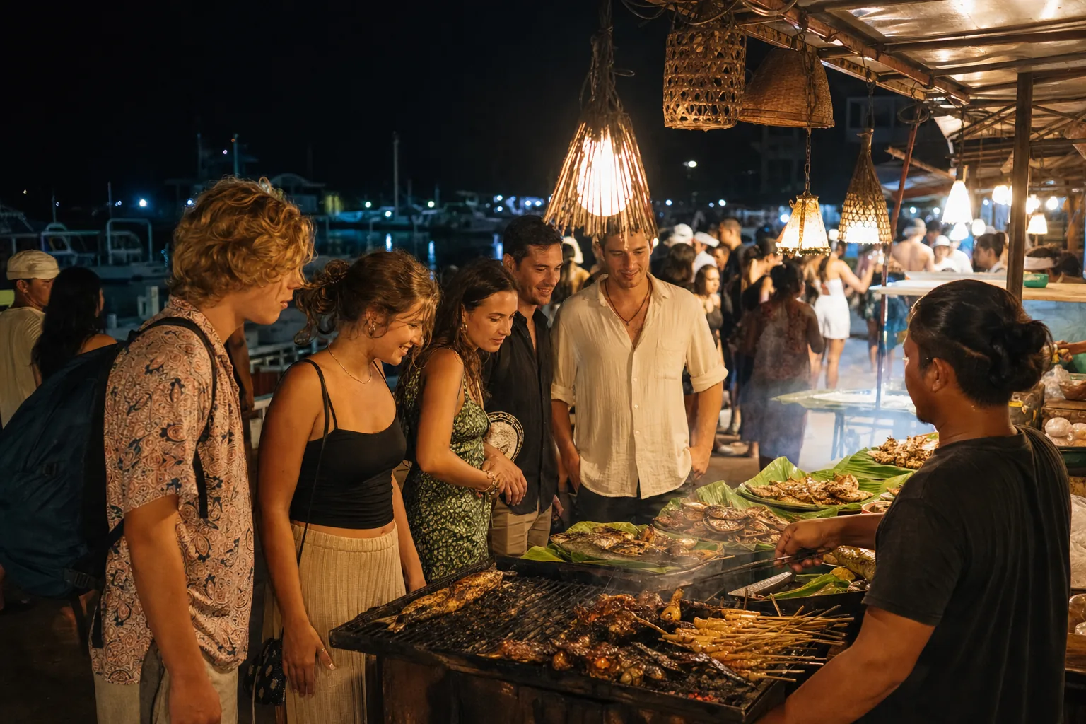 Travellers choosing Indonesian food at Gili Trawangan night market