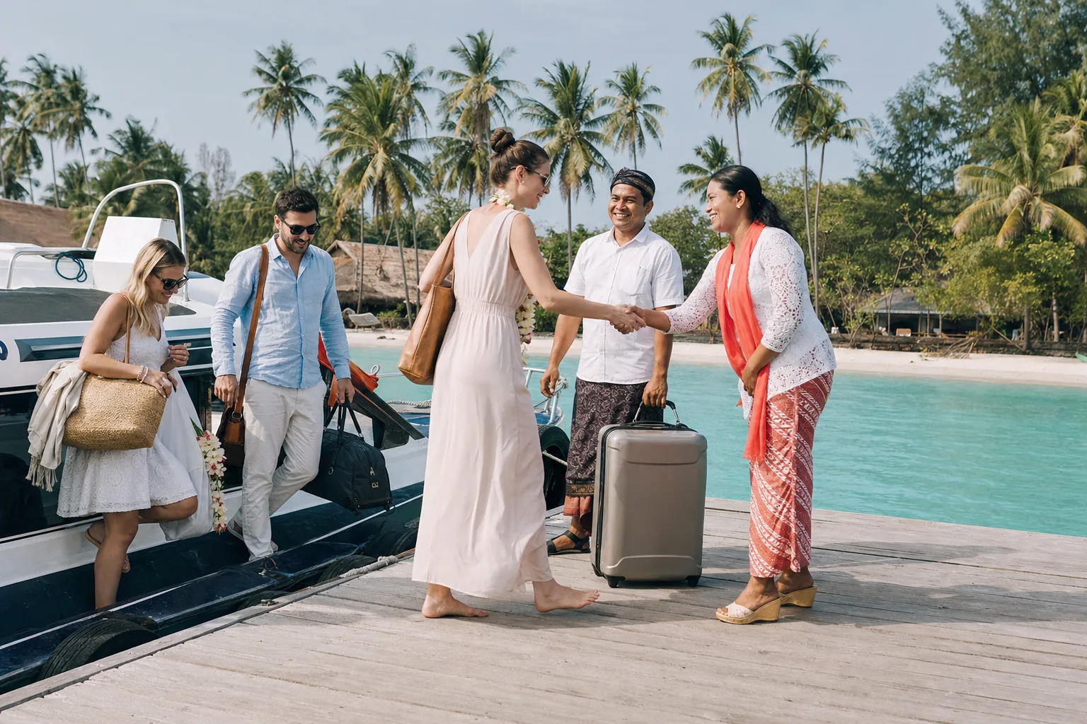 Travellers arriving at a Gili Islands jetty in changing tropical weather
