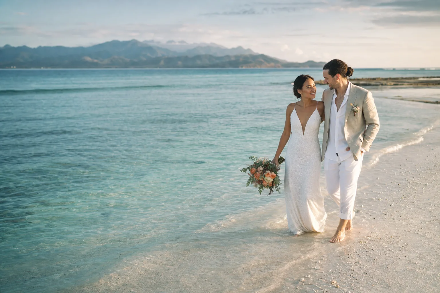 Engaged couple walking together beside turquoise island water
