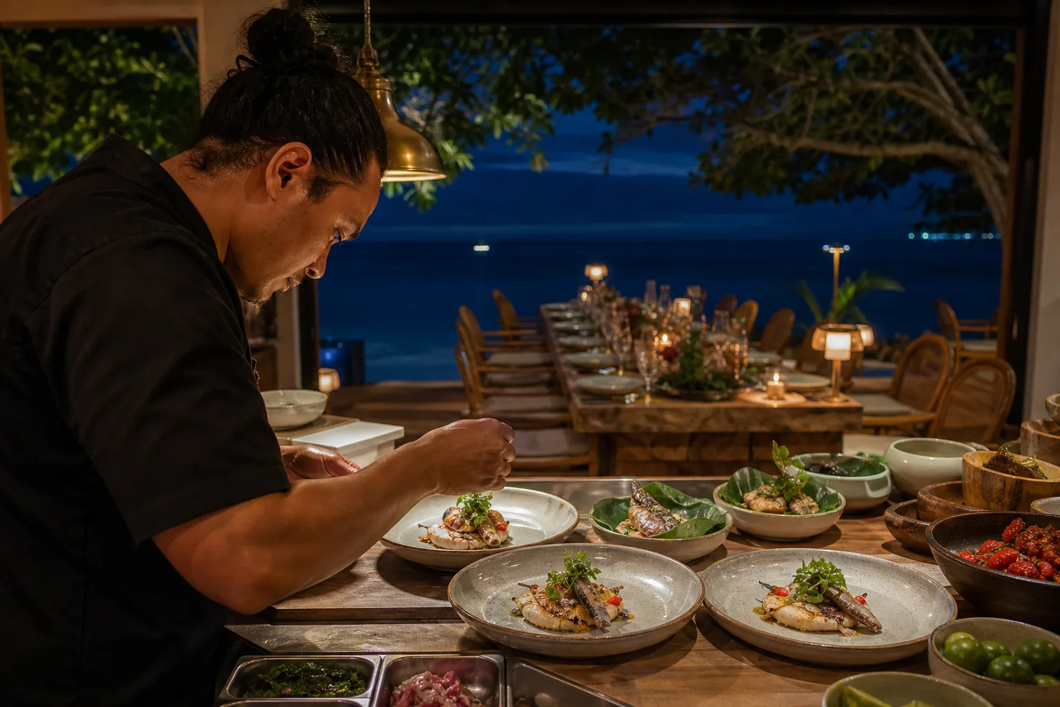 Island chef plating an Indonesian seafood dinner for a private celebration