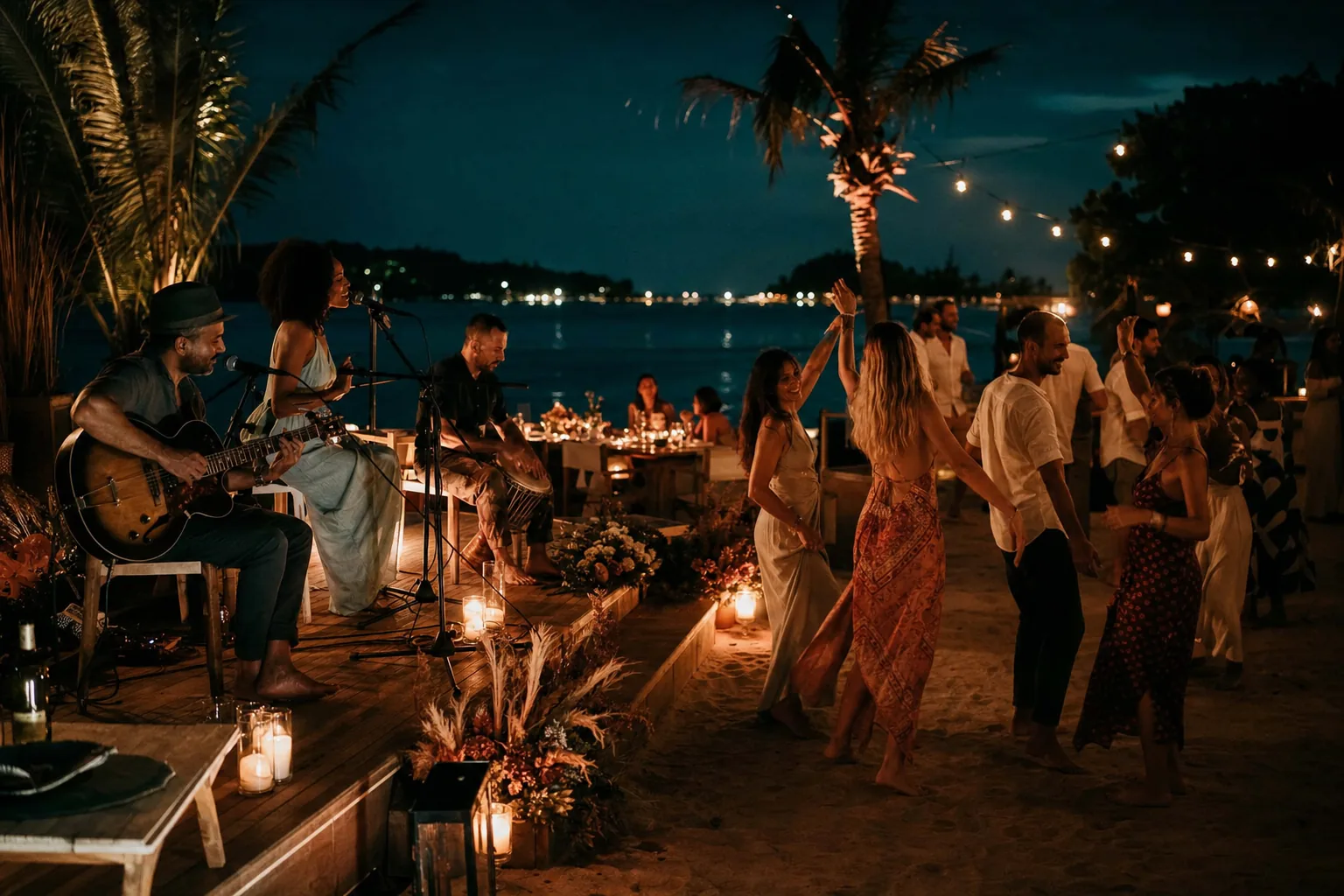 Acoustic musicians and guests at a Gili Islands beach venue