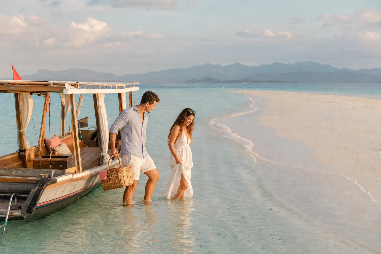 Couple arriving by private wooden boat for a Gili Islands proposal