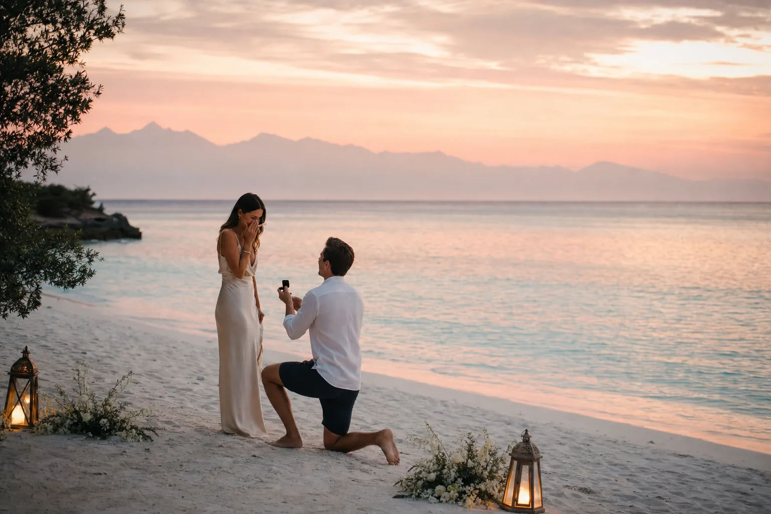 Sunset marriage proposal on a secluded Gili Meno beach