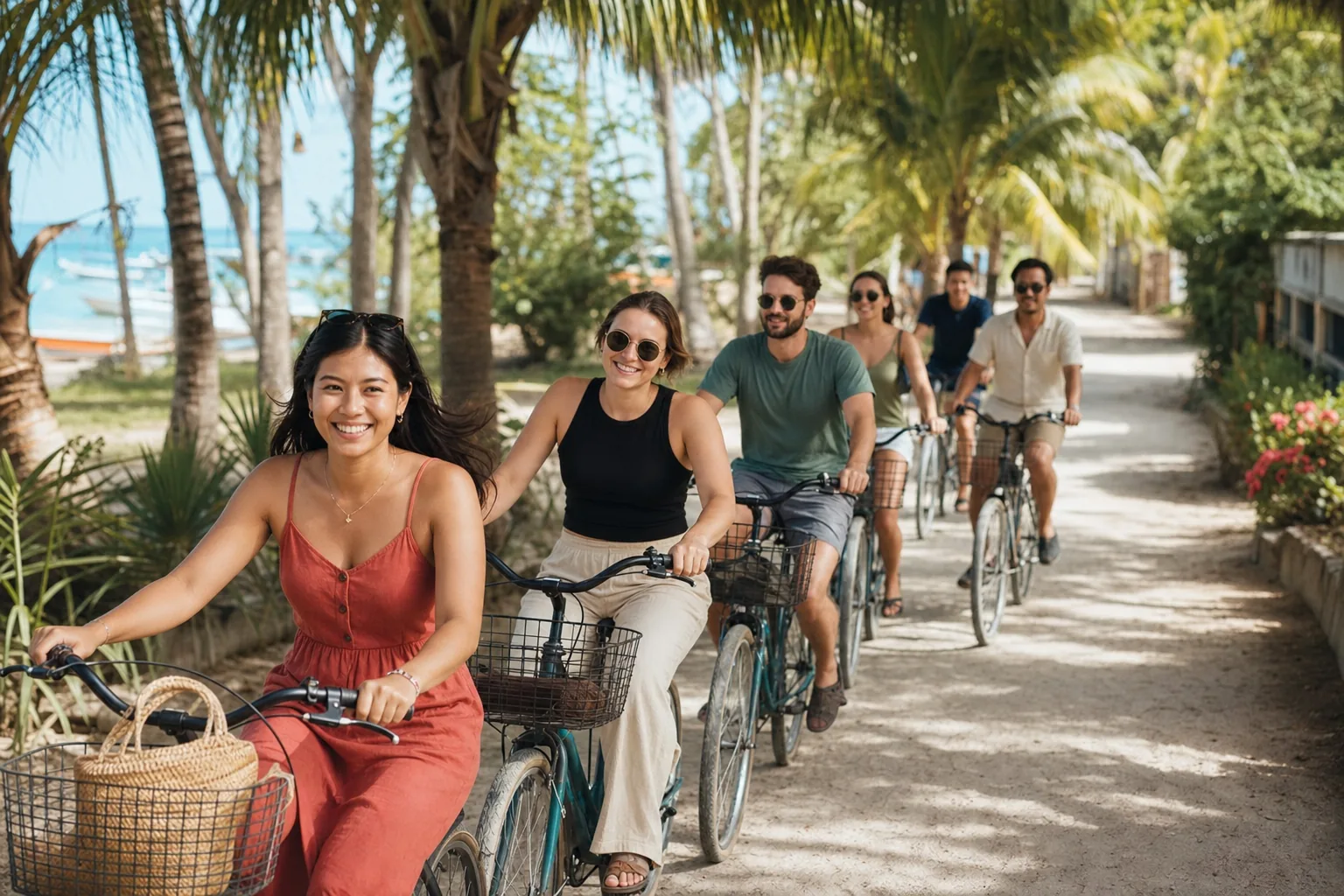 Company retreat group cycling along a car-free path on Gili Air