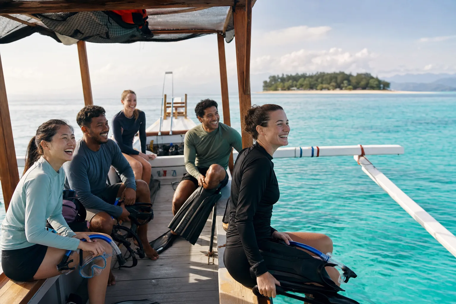 Company retreat group preparing to snorkel from a Gili Islands boat