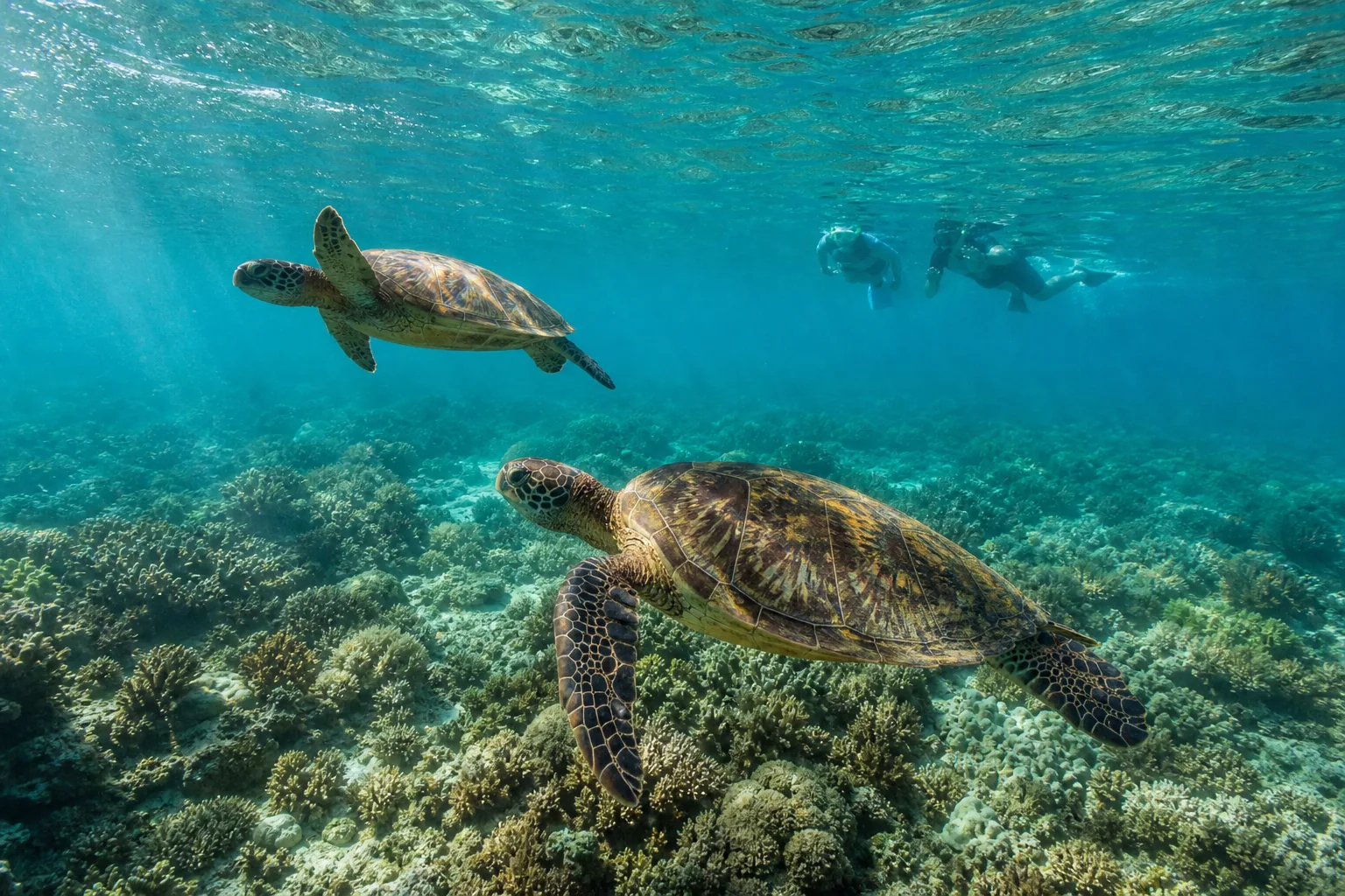Sea turtles over coral reef near Gili Air and Gili Meno