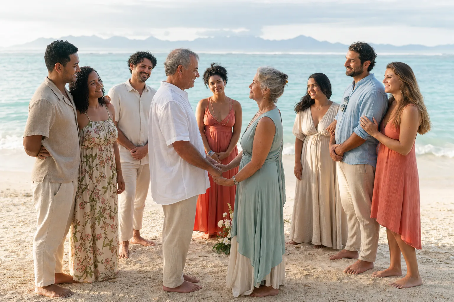 Mature couple renewing their vows with family on a Gili Islands beach