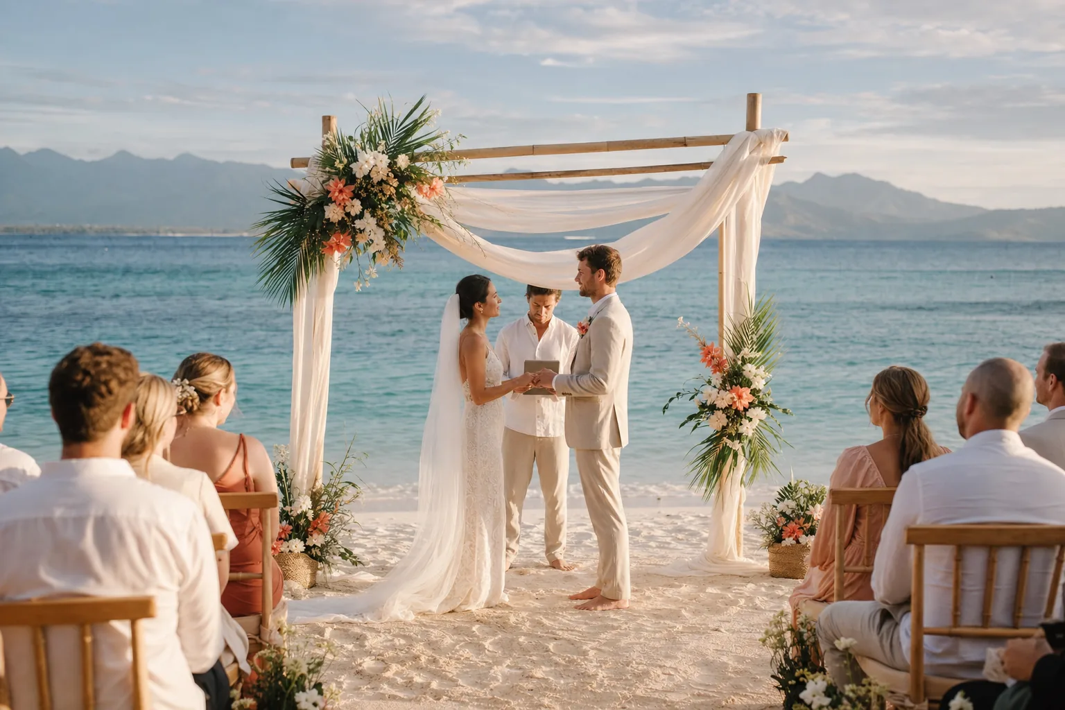 Beach wedding ceremony with a bamboo floral arch and Gili Islands sea view