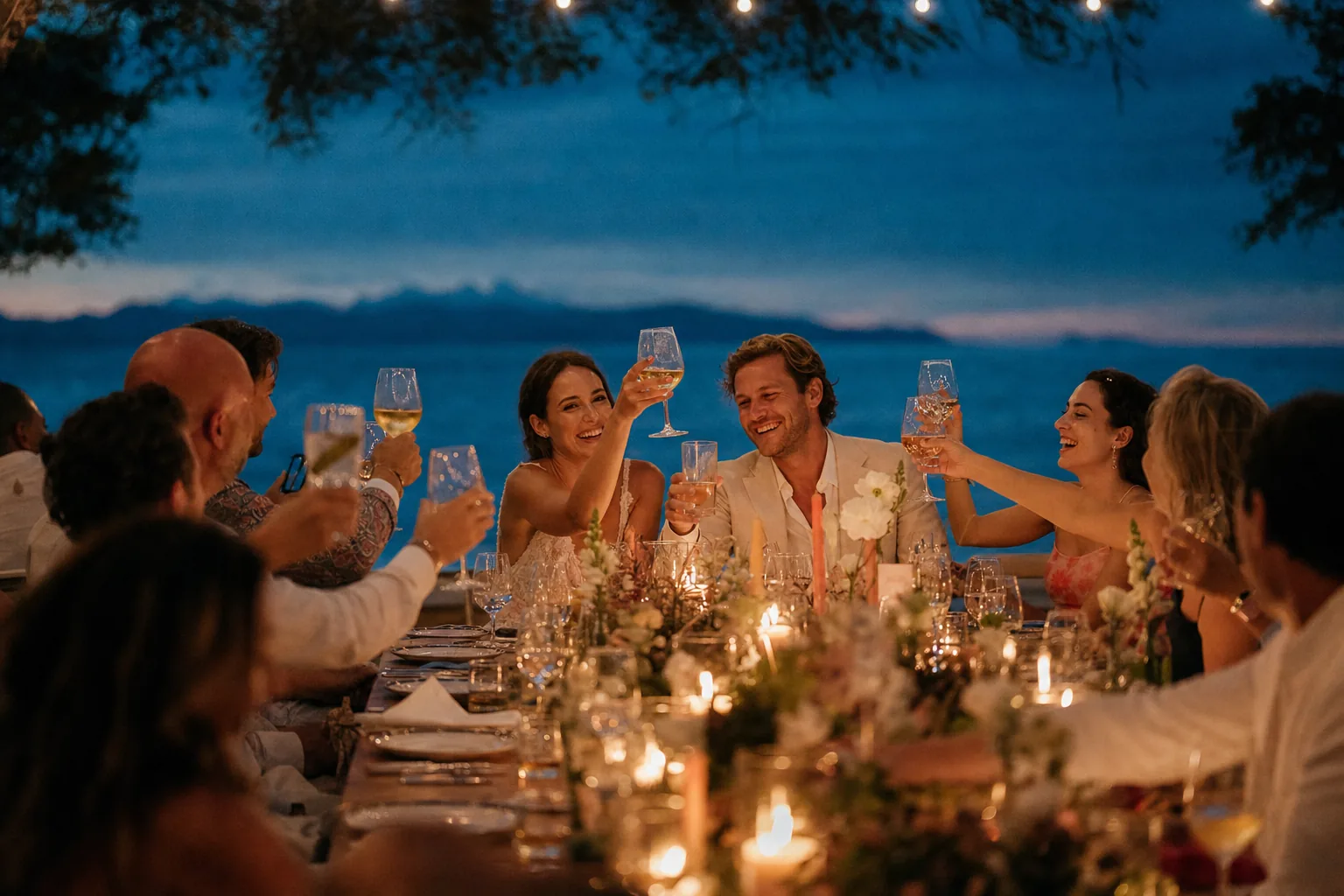 Newlyweds and guests raising a toast at a candlelit Gili Islands reception